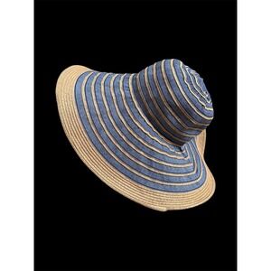 Scala Pronto Blue Tan Striped Wide Brim Sun Hat Floppy Beach Straw One Size